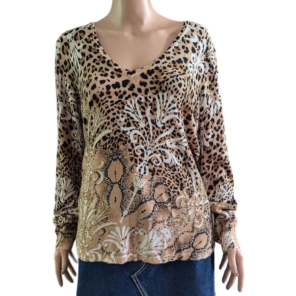 Peck & Peck Size XL (FITTED) Animal Leopard Print V Neck Embellished Sweater